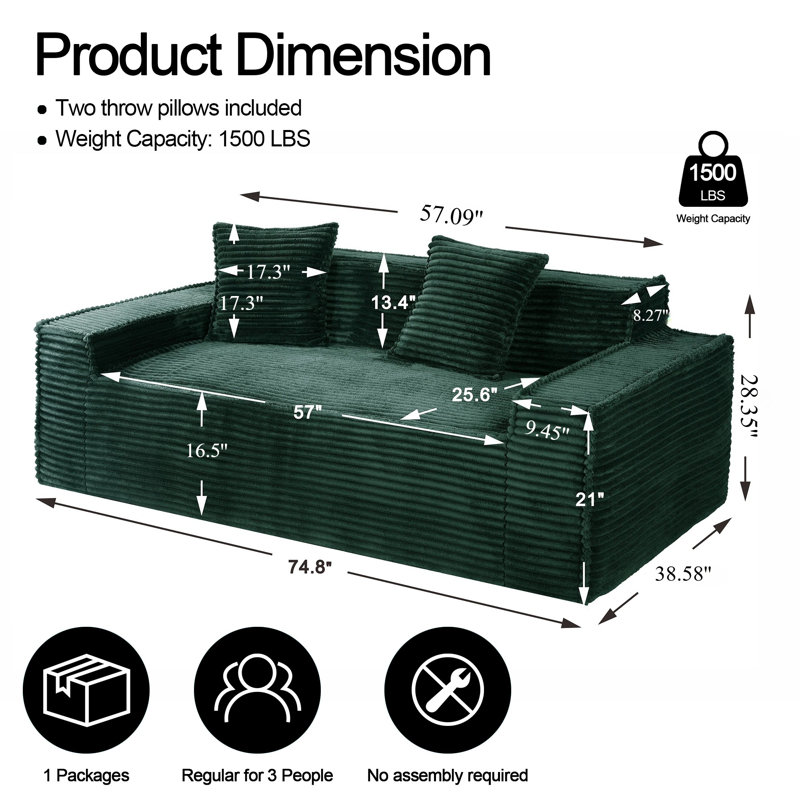 2-Seater Small Apartment Sofa, Corduroy, Skin-Friendly, Scratch-Resistant, Easy To Clean, Memory Foam, Ergonomic Wide Armrests, 2 Pillows, Multi-Color Optional, Compressed Packaging, Ready To Use Out Of The Box, Suitable For Renting, Small Living Room