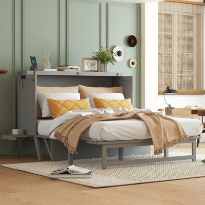 Grand lit escamotable avec port USB et tablettes amovibles de chaque côté, lit escamotable en pin massif pour bureau à domicile, chambre d'amis, gris