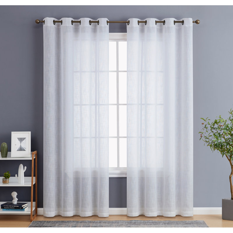 Aleksander Faux Linen Semi Sheer Grommet Curtain Pair, White, 54" W x 72" L