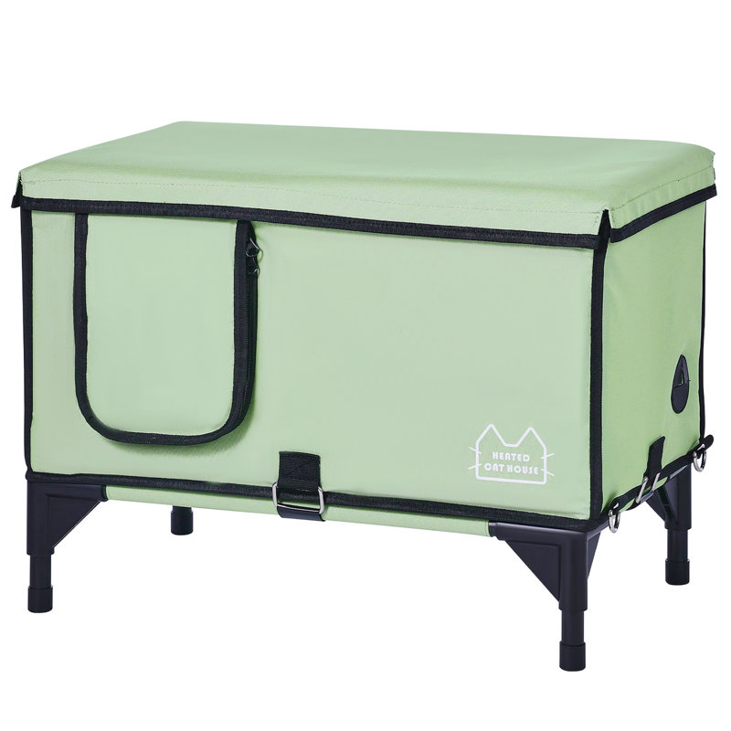 M en forme de chat chauffé cubique surélevé avec un coussin imperméable de 30 W - Protection contre la surchauffe, intérieur réfléchissant la chaleur, tissu 900D, conception de lit d'armée