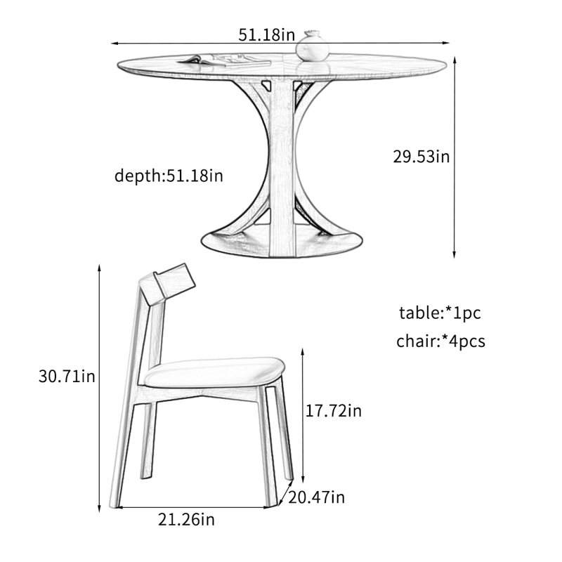 Solid Ash Wood Dining Table Sets., 29.53"H x 51.18"L x 51.18"W