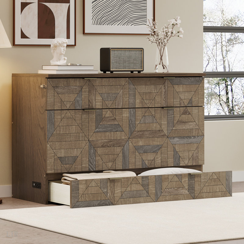 Lit escamotable de style campagnard avec station de charge et grand tiroir de rangement, lit escamotable pliable en placage géométrique pour bureau à domicile, salon, cadre de lit