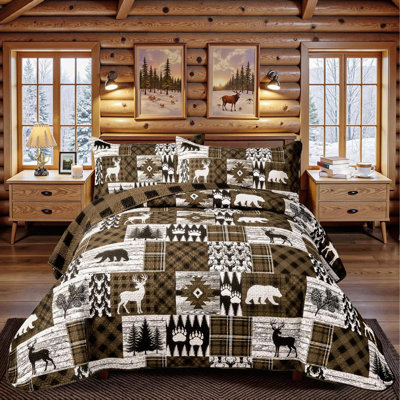 2 Piece Cabin Quilt Sets Twin Size Farmhouse Rustic Reversible Microfiber Soft Light Bedspread Comforter With 1 Sham Patchwork Country Lodge Bedding Quilts Set For All Season