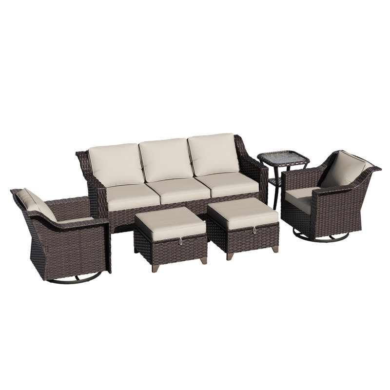 6-Piece Wicker Outdoor Sofa Set – Swivel Chairs & Hidden Storage Ottomans, Beige