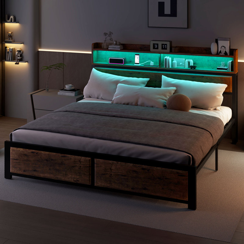Kingsize Bed Frame with LED Headboard, Metal Platform Bed Frame with USB Ports&Charging Outlets, 2 Tiers Storage Shelves, Tan