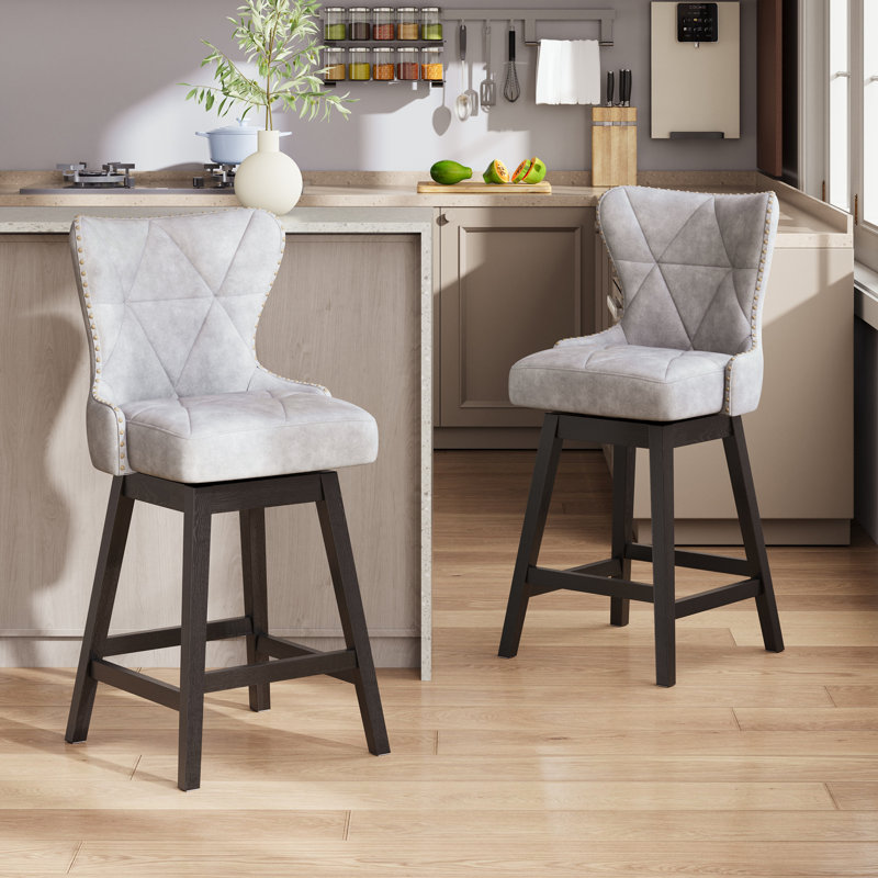 360° Swivel Upholstered Wingback Bar Counter Stool with Diamond Tufted Back, Grey