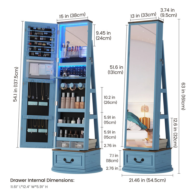 Jewellery Cabinet with Mirror, Blue