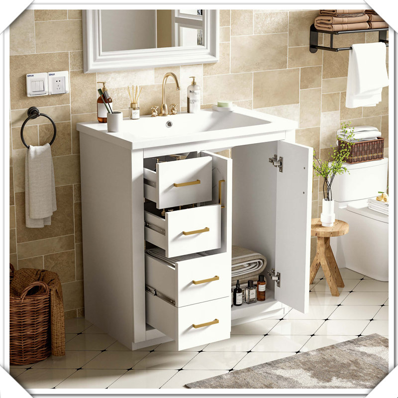 Meuble-lavabo autoportant en bois massif avec tiroirs en céramique, Blanc