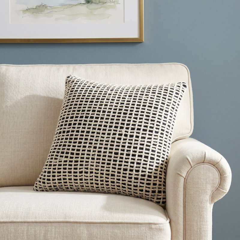 Strasbourg Plaid Cotton Blend Reversible Throw Pillow, Down, Blue/Ivory
