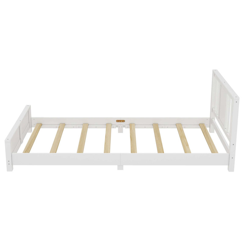 Structure de lit simple en bois massif avec tête de lit, lit bas avec lattes de soutien, blanc, Blanc