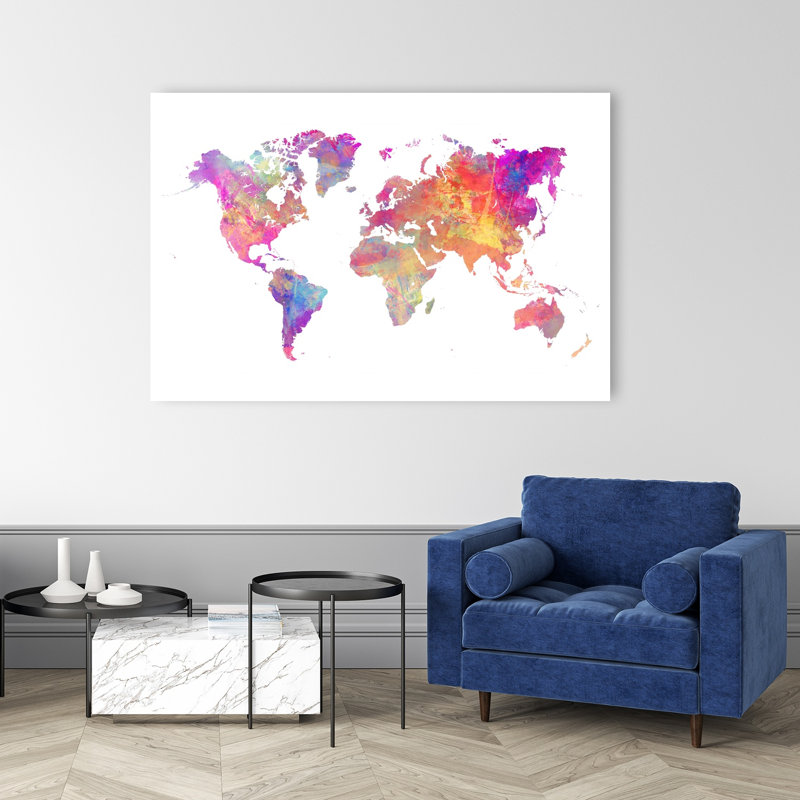 Art mural contemporain coloré carte du monde aquarelle, 40" H x 60" W