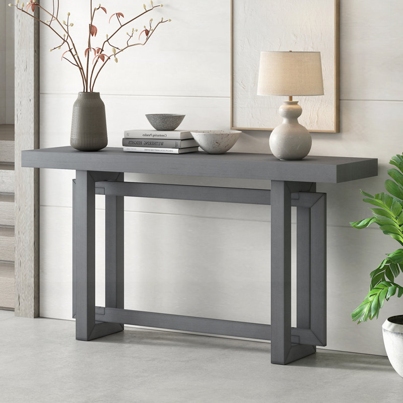 Wood Console Table with Trestle Base, Gray, Gray Duplicate