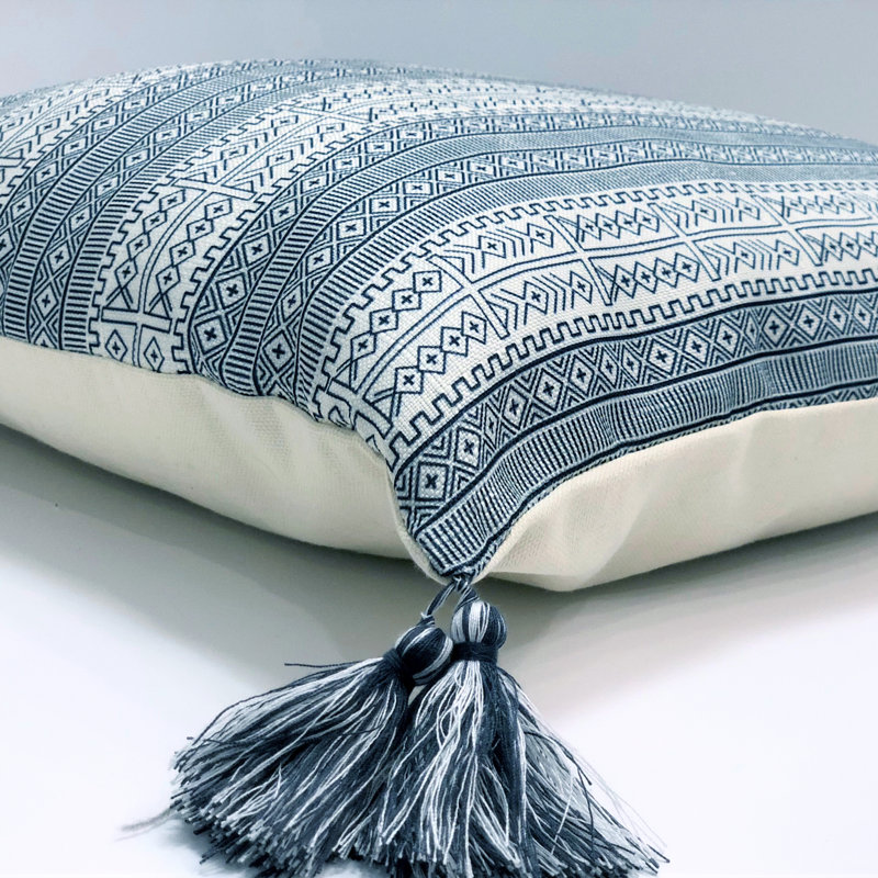 Lunette 16" Blue and White Striped Pillow with Tassels
