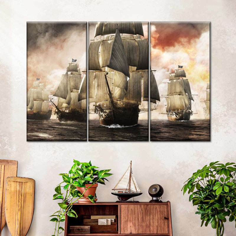 Ensemble de 3 pièces de bateau pirate sur toile, H 36 po x l 57 po x P 1,25 po