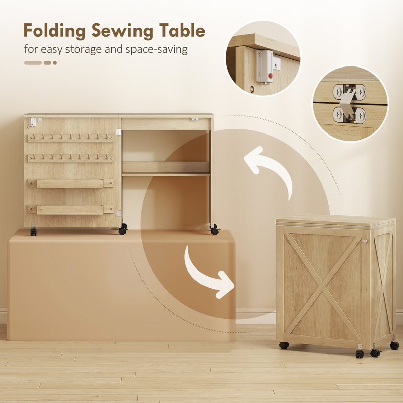 HomCom Folding Sewing Table, Rolling Craft Table with Storage, Natural ...