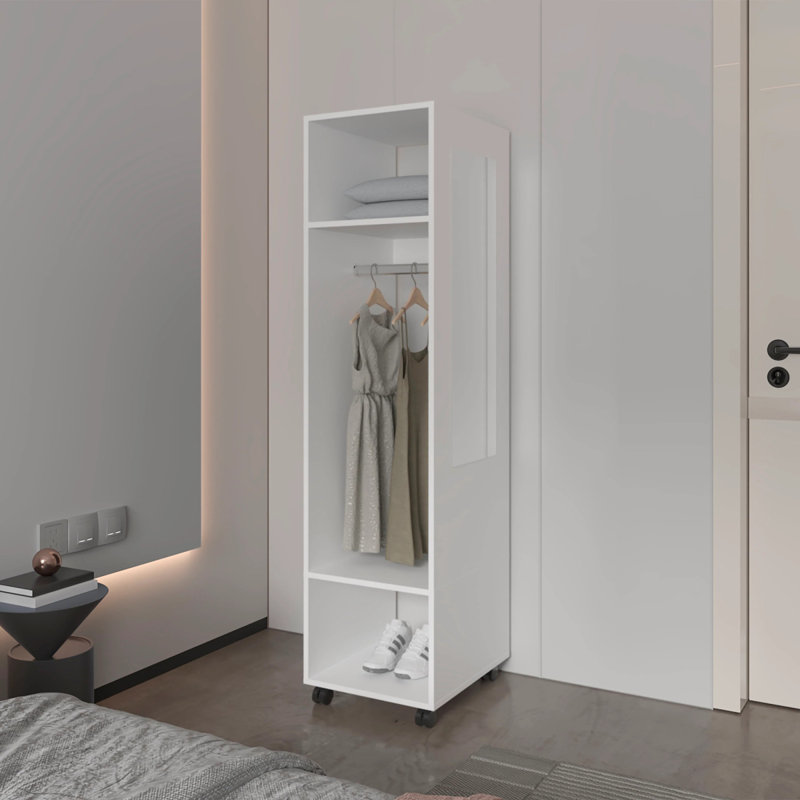 White 3Shelf Wardrobe With Mirror And Open Storage