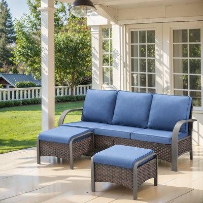 Wyland Outdoor Wicker Sofa Set: 3-Seater Sofa & 2 Ottomans With Weather-Resistant Cusions For Patios & Gardens