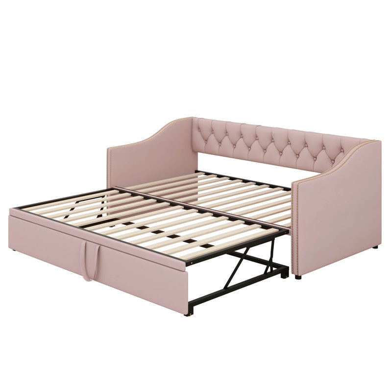 Twin Size Upholstered Daybed With Pop Up Trundle, Pink