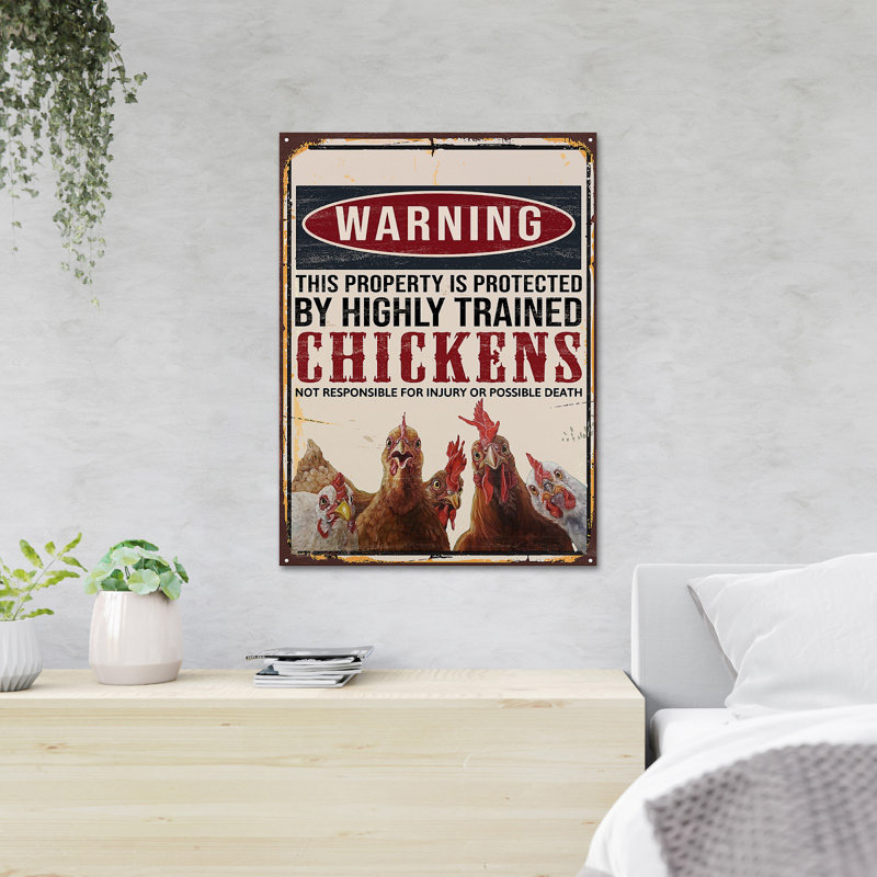 «Curious Roosters» - Avertissement que cette propriété est protégée par des poulets hautement qualifiés qui ne sont pas responsables des blessures ou de la mort possible - 1 reproduction d'art graphique sur toile tendue