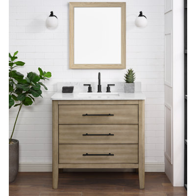 Meuble-lavabo simple 36 po avec comptoir en quartz blanc, lavabo et dosseret Safford. Placage de chêne. Pré-assemblage