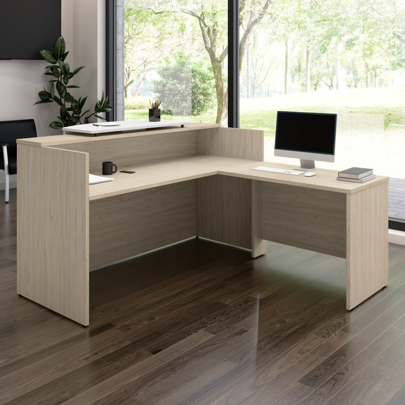 Arrive 72W x 72D Reception L Desk with Counter, Natural Elm
