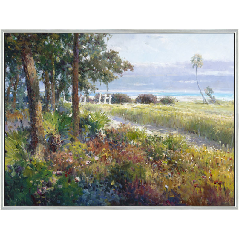 "Sentier côtier avec palmiers", H 38 po x l 50 po, Argent argent