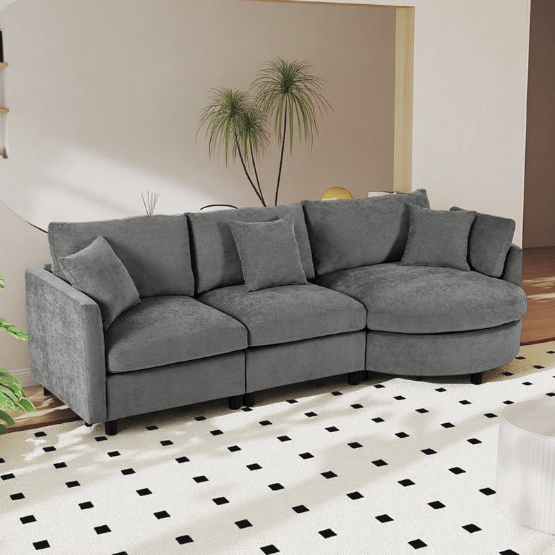 Canapé modulaire en chenille 3 pièces 105 po avec méridienne incurvée et 3 coussins décoratifs 105 po, Gris chenille