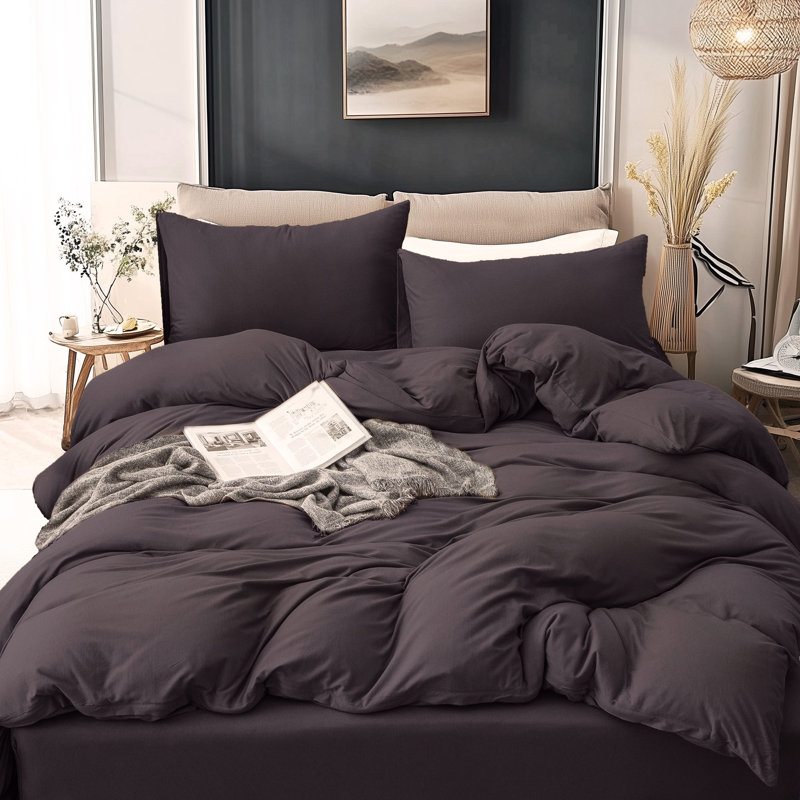 HOME BEDDING Jersey Cotton Duvet Cover Set, Queen Duvet Cover + 2 Standard Shams, Dark Brown
