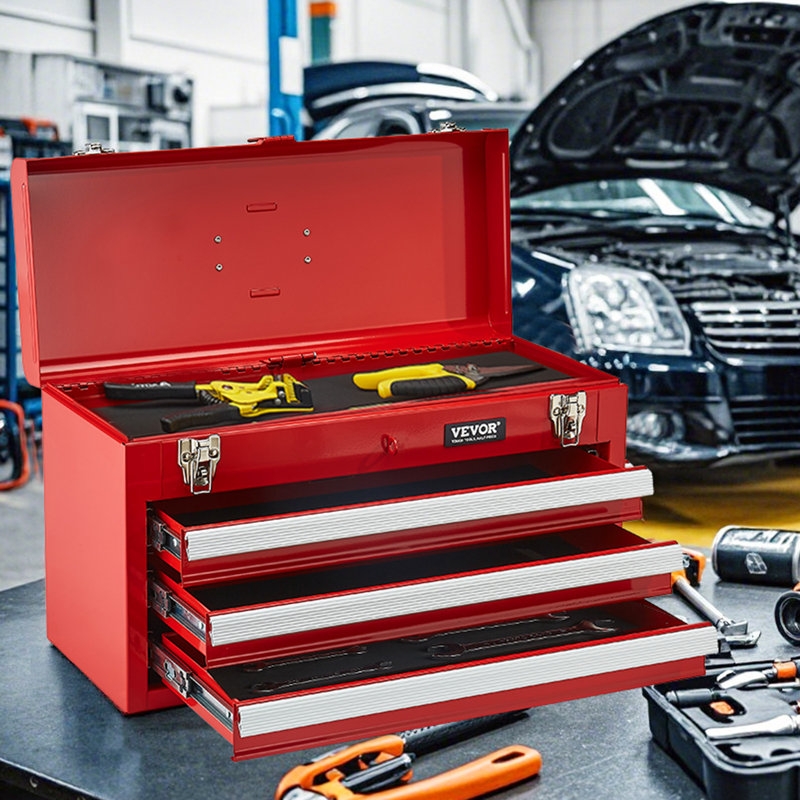 Boîte à outils Boîte à outils portative en métal 20,5 pouces avec 3 tiroirs, Rouge