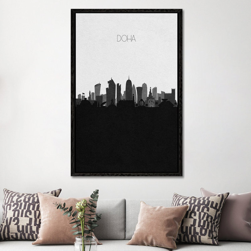 Doha, Qatar City Skyline by Ayse Deniz Akerman - Print on Canvas, 66.04 cm H x 45.72 cm W, Black Framed Canvas