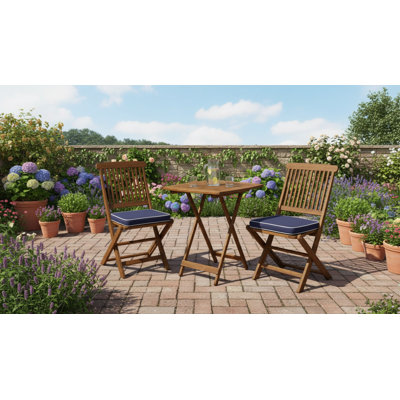 Blue Eucalyptus Wood 3-Piece Square Foldable Outdoor Dining Set, Includes 1 Table And 2 Chairs With Cushions