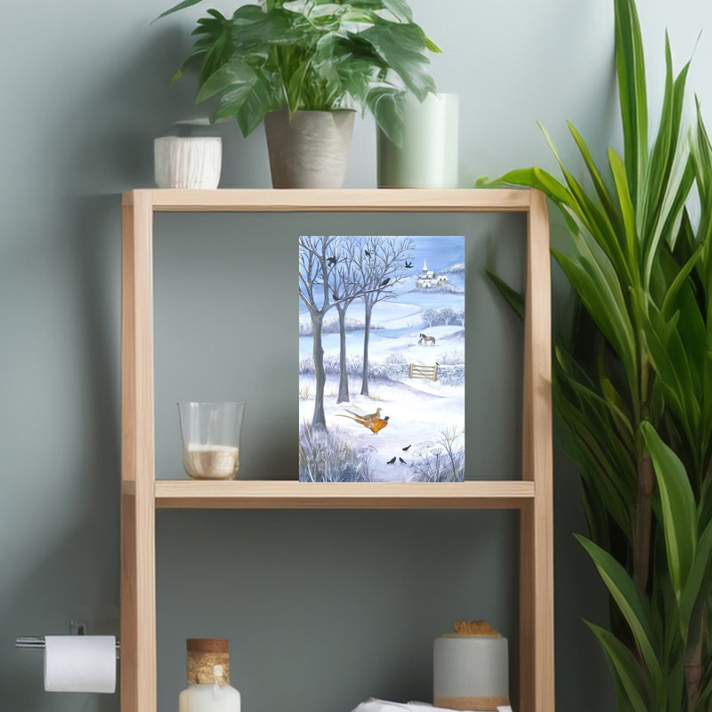 «Beauty of a Winter Landscape», reproduction d'art contemporain, paysage d'oiseaux, cheval, forêt, 18" H x 12" W