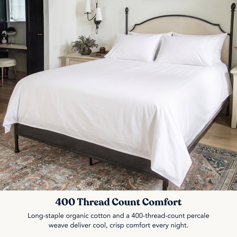 Sheet Sets 100% Organic Cotton Percale Weave Sheet, 400 Thread Count GOTS Certified, Smooth & Moisture-Wicking, White