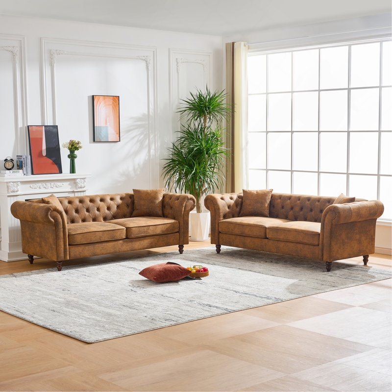 Ensemble de canapé 3 places + 3 places Chesterfield®, canapé en tissu High-Tech, canapé à accoudoirs roulés en tissu High-Tech, canapé rembourré de style Mid-Century, canapé-lit 3 + 3 places pour le salon, le bureau, un appartement