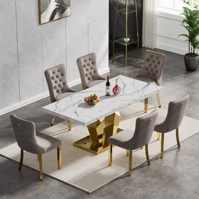 70" Faux Marble Dining Table Set for, White Dining Room Table with Velvet Dining Chairs, Modern Kitchen Table and Chairs Set, Luxury Dining Table Set for Kitchen Dining
