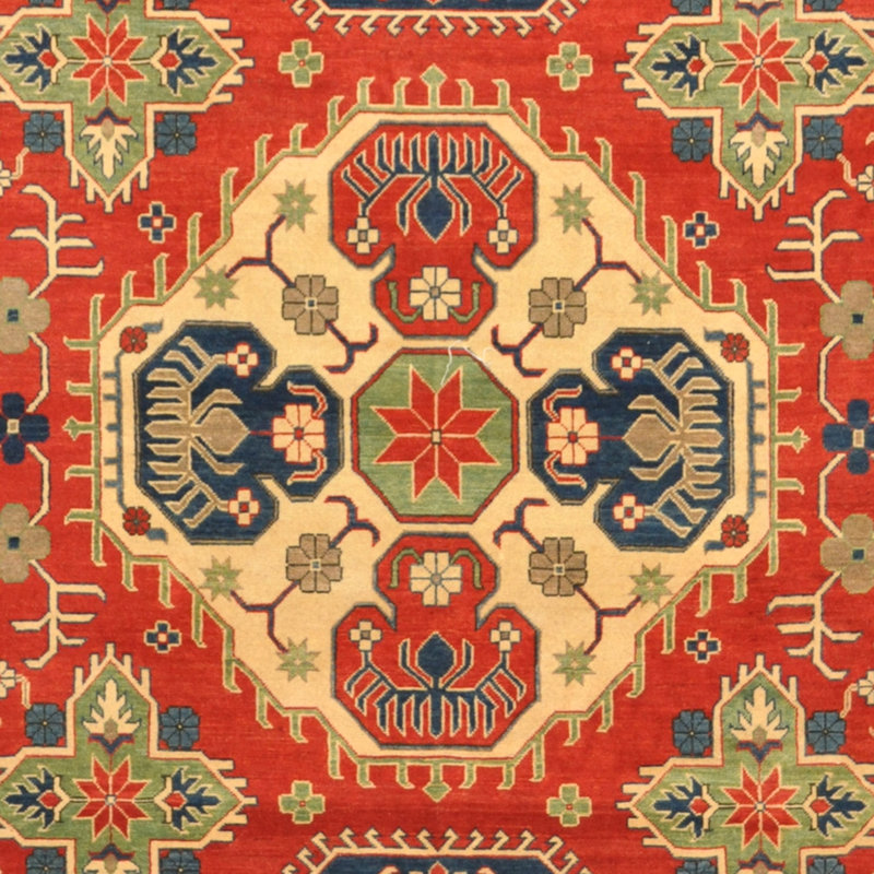 Tapis unique en laine noué à la main de style Kazak rouge / ivoire / vert 8 pi 5 po x 11 pi 5 po Jevon