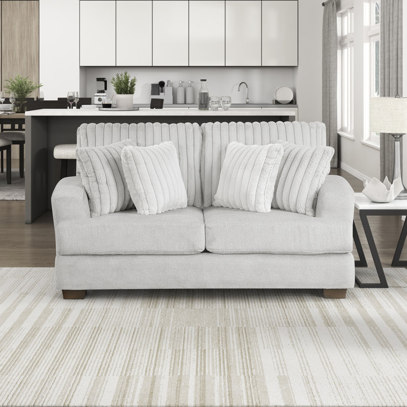 Soliz 69.5" Modern & Contemporary Textured Microfiber and Corduroy Loveseat with Reversible Cushions, 4 Included Pillows & Dark Brown Wood Legs