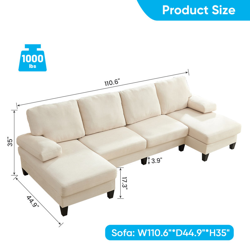 110" Corduroy Sectional Sofa with 2 Ottomans – High-Resilience Foam, Wood Legs, 4-Seat Design, Beige
