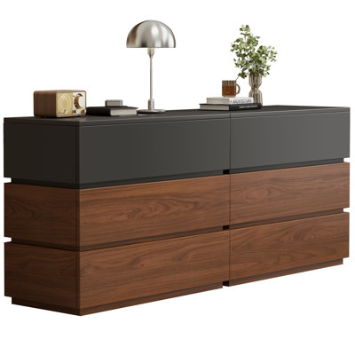 63 Inch Dresser For Bedroom, 6 Drawer Engineered Wood Chest Of Drawers, Modular Stackable, Mid Century Dresser For Closet With Natural Texture & Pre-embedded Slots For Tv Stand, Living Room, Nursery