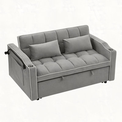 55.51 inch versatile foldable sofa bed in 3 lengths, modern sofa sofa sofa velvet pull-out bed, adjustable back and with USB port and ashtray and swivel phone stand