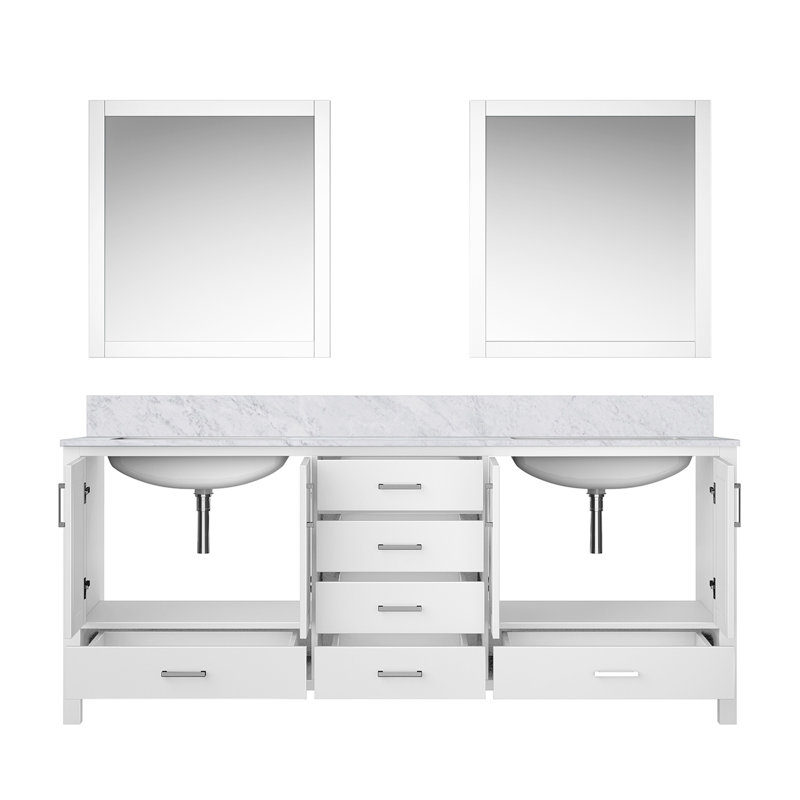 Meuble-lavabo double l 80 po x P 22 po, comptoir en marbre de Carrare et miroir de 30 po, Blanc