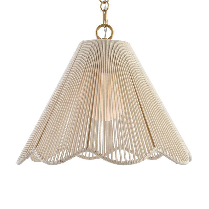 Boho 1-Light Scalloped Rope Pendant Light with Adjustable Gold Chain White Woven Shade Pendant Lighting 