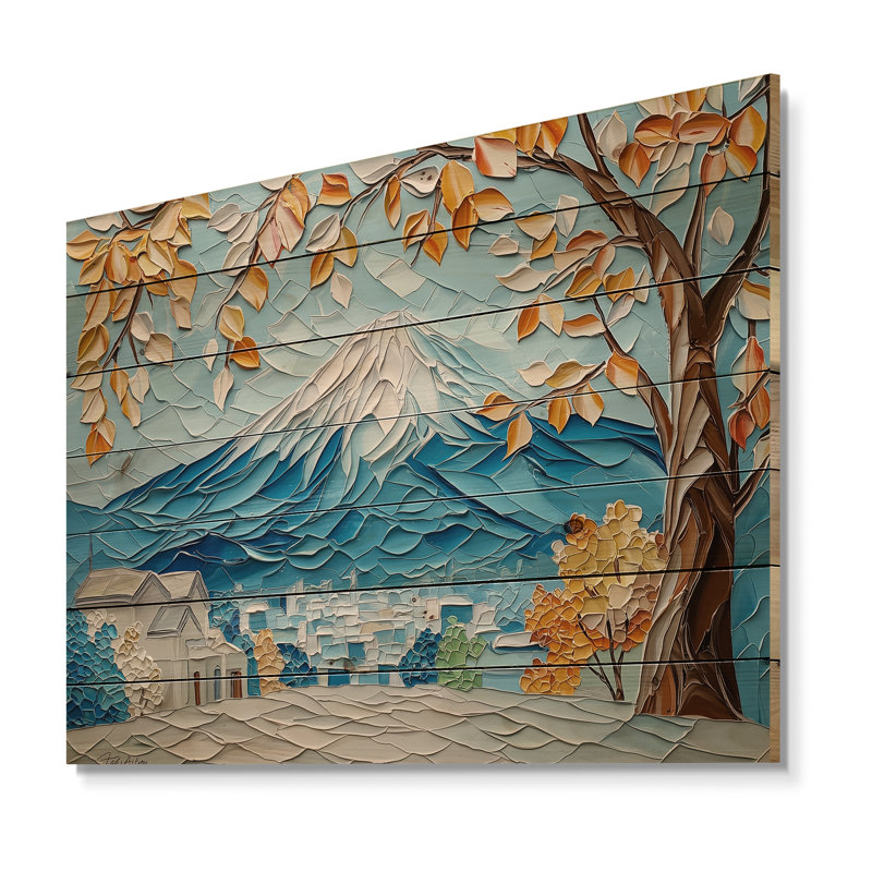 Abstrait, Mont Fuji au Japon II - Art mural en bois sur bois de pin naturel, H 34 po x l 44 po