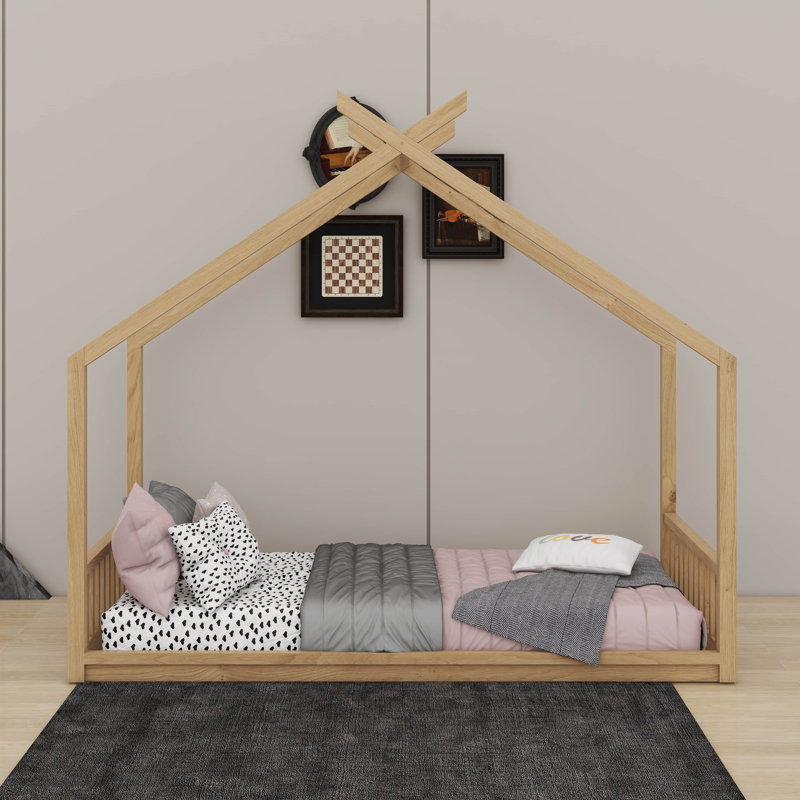 Lit de maison de style Montessori pour enfants, cadre de lit au sol avec tête et pied de lit, Naturel, Lit simple