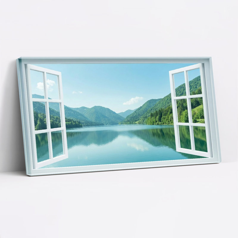 Ensemble de 1 tableau sur toile encadrée avec vue sur le lac et la montagne, H 28 po x l 58 po