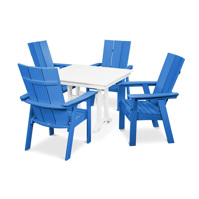 POLYWOOD Modern Curveback Adirondack 5-Piece Farmhouse Trestle Dining Set, Pacific Blue/White