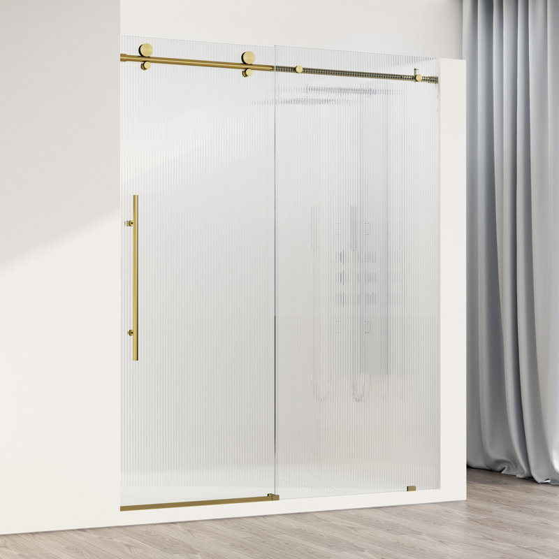 Elan E-Class 56-60" W x 76" H Sliding Frameless Shower Door with 3/8" Fluted Glass, Left, Matte Brushed Gold