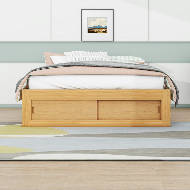 Queen Wood Platform Bed with 4 Drawers and Storage Cubby, Natural