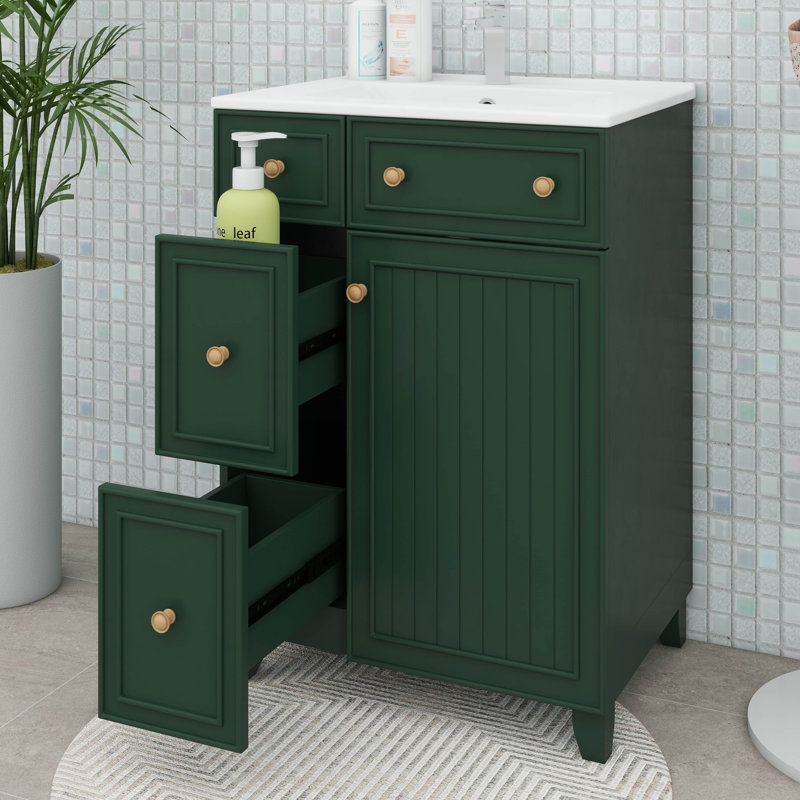 Meuble-lavabo 24 po avec lavabo en céramique, meuble-lavabo autoportant moderne avec porte à 2 tiroirs, Vert givré