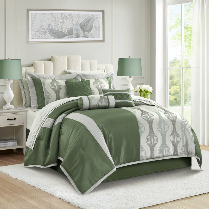 Ensemble d'édredon en jacquard en microfibre 15 pièces Kath, Vert, Cal. King Comforter + 14 Additional Pieces